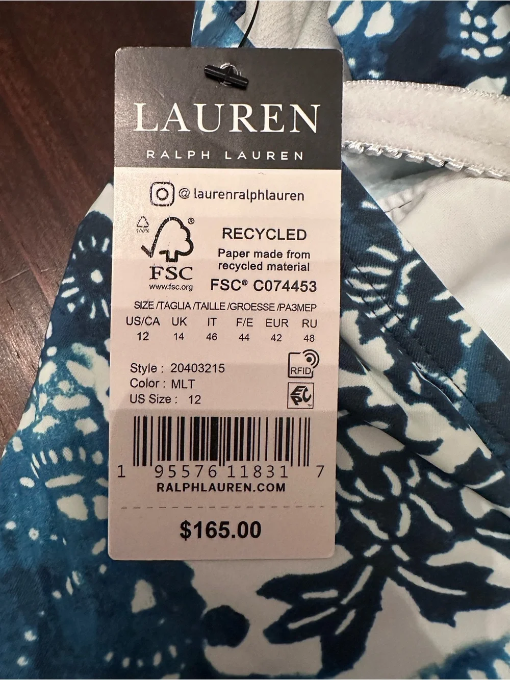 Lauren Ralph Lauren Blue and White Floral Halter One-Piece Swimsuit